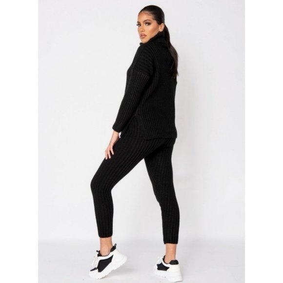 Black Knitted Long Sleeve Turtle Neck Sweater Top and Leggings Two Piece Set - Picture 2 of 8